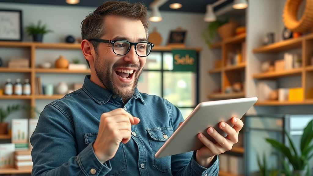 small business owner analyzing growth from social media marketing on tablet