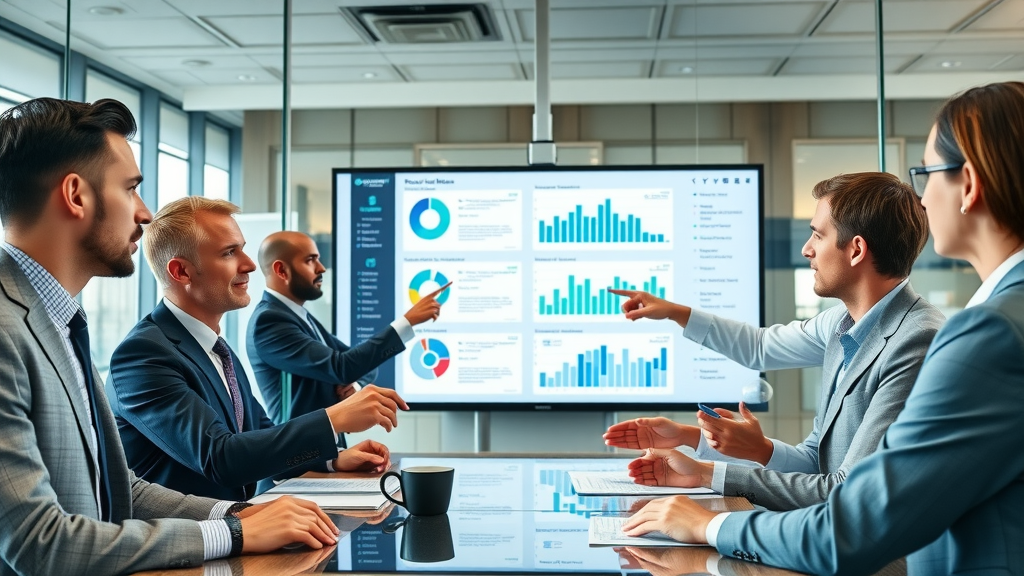 executive team planning with digital marketing dashboards, online review strategy, reputation management, conference room