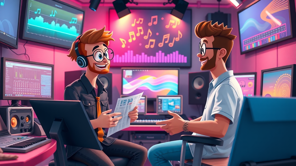 audio and graphics collaboration for engaging video content, composers and designers working in creative studio