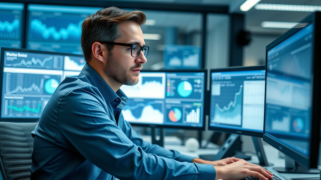 Marketer analyzing social media ad performance charts on computer screens