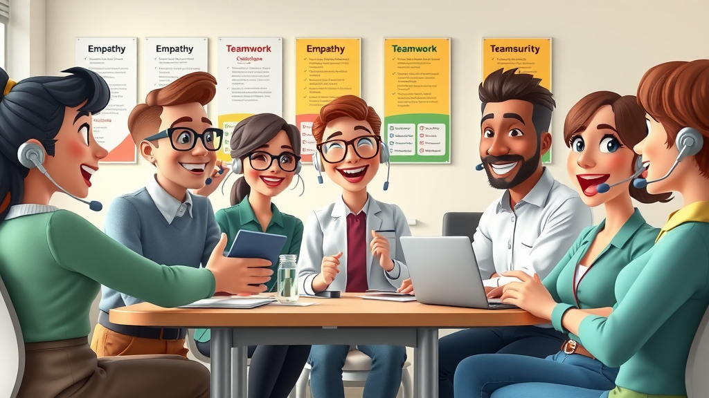 Motivated customer service team in group training, engaging in role play exercise guided by a team leader, 2D Cartoon, bright classroom with posters about empathy and teamwork, highly detailed, vivid color palette, playful dynamic poses, morning natural lighting, shot with a 50mm lens.