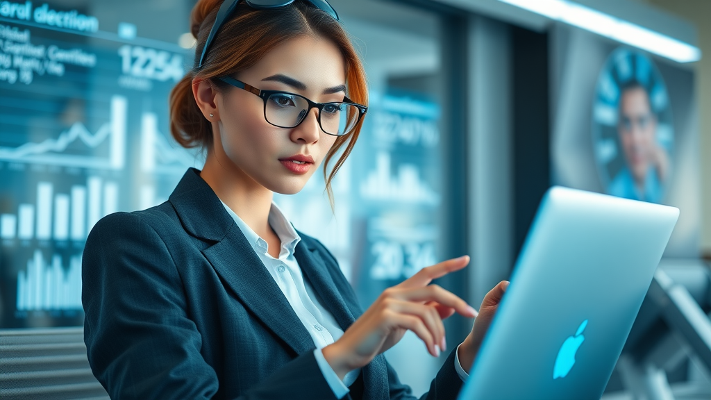 businesswoman analyzing online reviews and digital reputation management statistics in a modern office, glowing blue data overlays