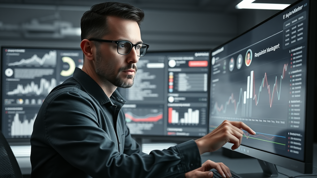 digital marketer managing reputation dashboards and review management tools on a digital interface