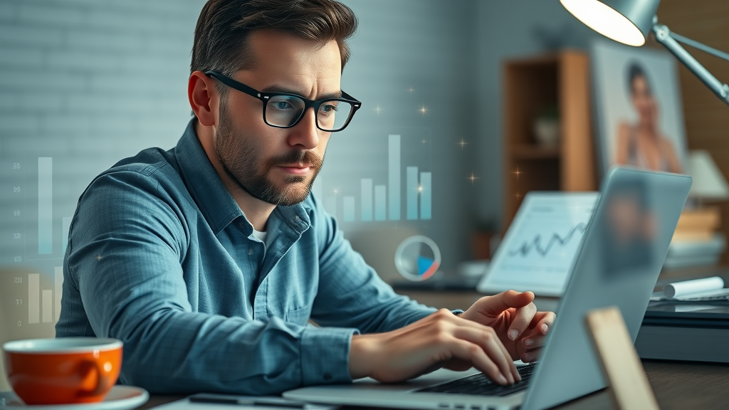 professional analyst reviewing marketing strategy metrics on a laptop, digital marketing strategies in action