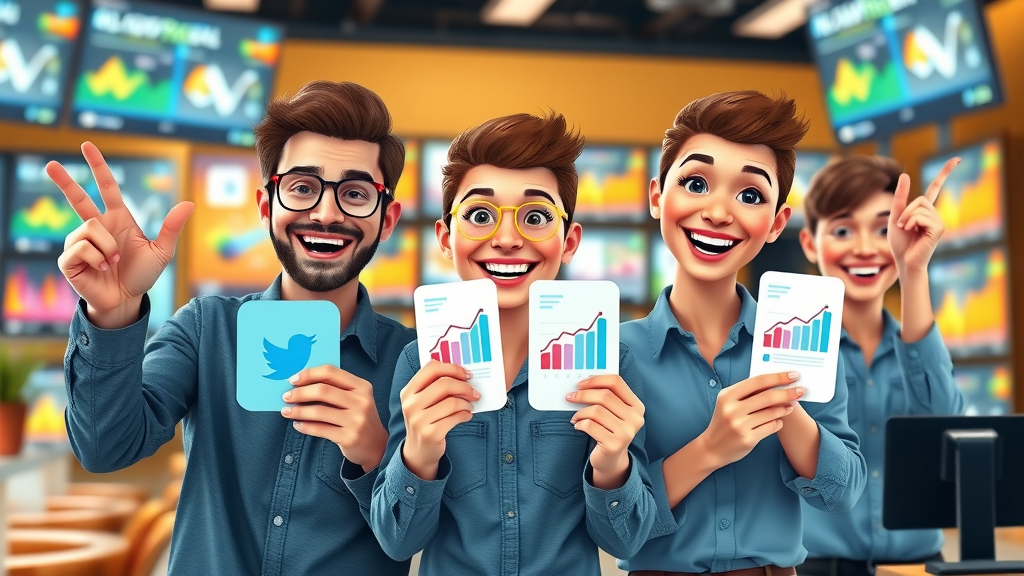 happy business owners sharing social media content ideas with engaged audiences and rising analytics