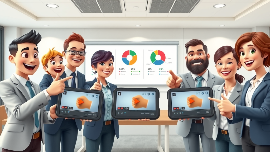 collaborative business team reviewing business goal icons and promo video clips, animated charts and dynamic pie charts representing strategic alignment