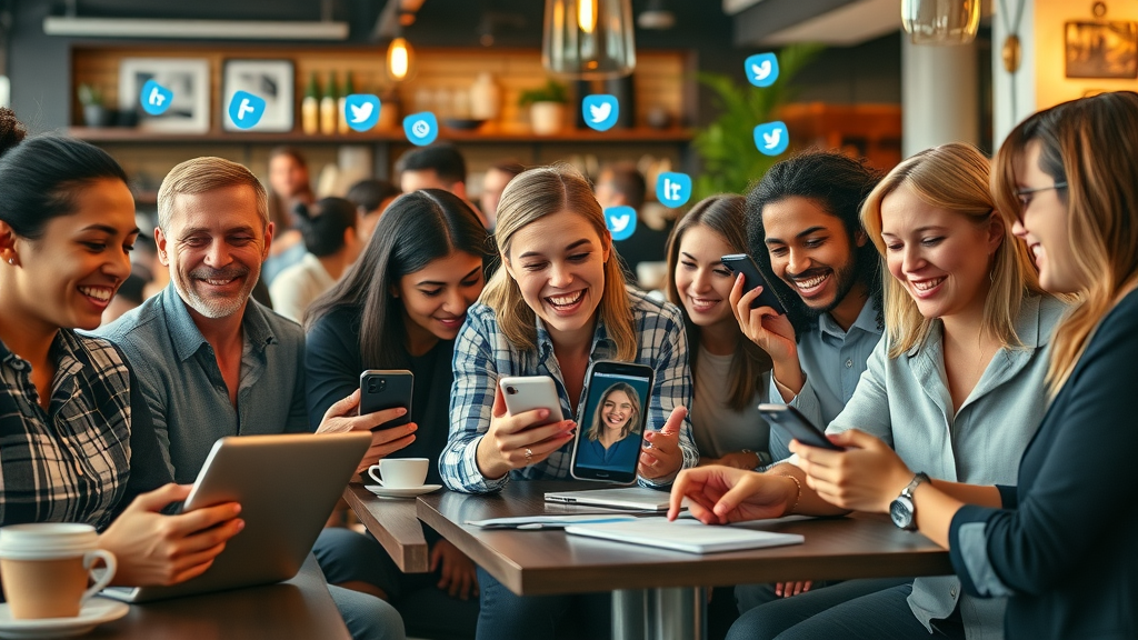 diverse group of entrepreneurs using social media platforms in a lively coffee shop, app logos visible