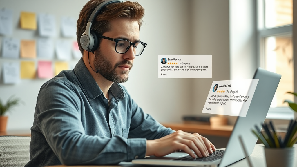 empathetic customer service manager responding to negative review for review management strategy, workspace with notes and laptop