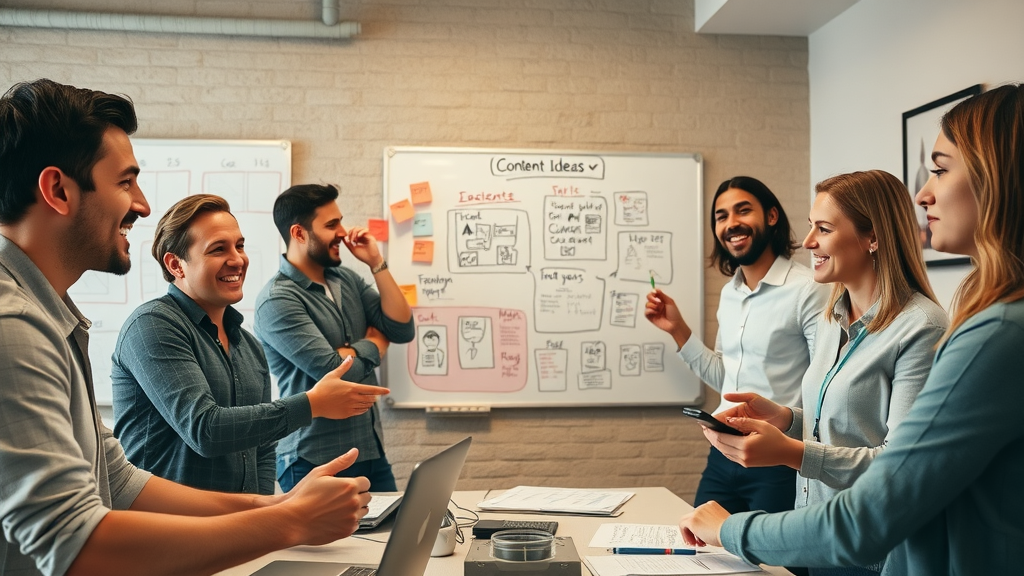 creative team brainstorming content ideas, social media algorithms, optimizing social content, digital whiteboards, workspace