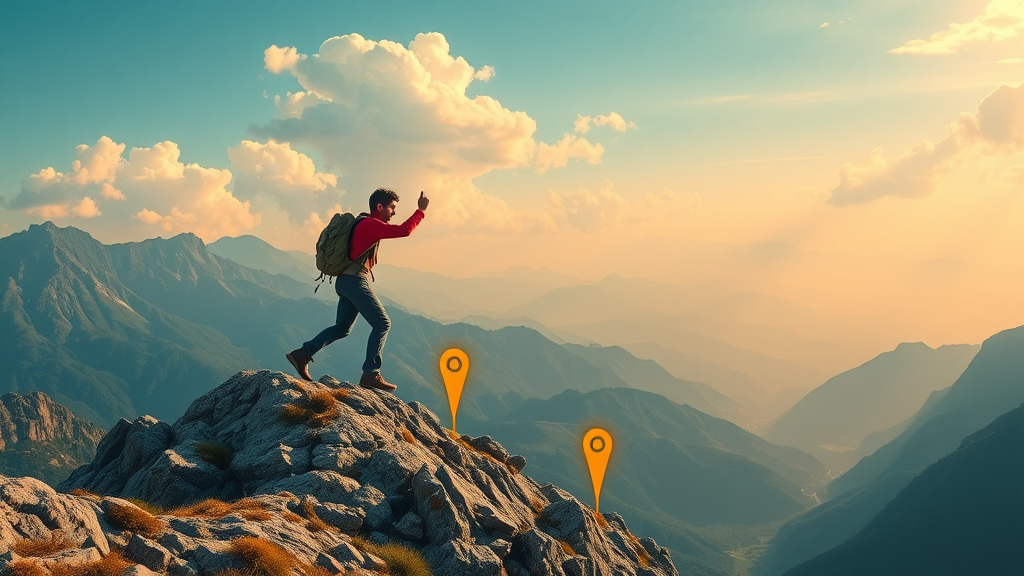 navigating 5 stages of small business growth - entrepreneur climbing mountain path with milestone markers
