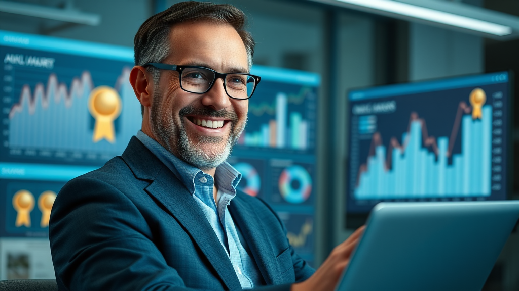confident business owner satisfied with positive online review graphs and review solicitation methods in the office