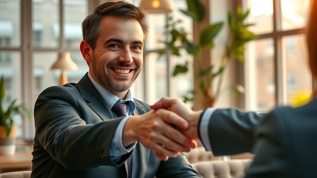 customer relationship - businessperson warmly building trust with handshake, cozy cafe, friendly atmosphere