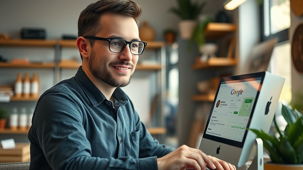 business owner updating Google My Business profile in a cozy shop with Google Maps pin visible