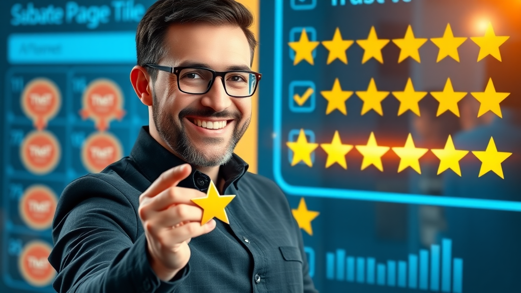 entrepreneur holding 5-star rating icons, representing mastery of reputation management tools and positive online reviews