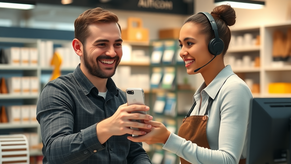 customer engagement - happy customer smiling with helpful support agent, retail or digital service environment