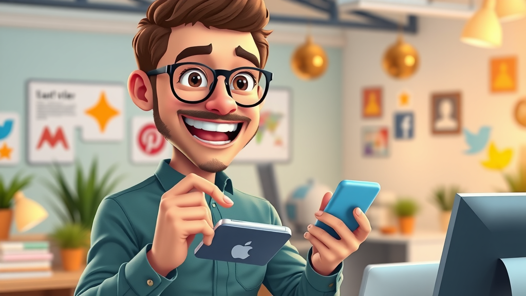 digital marketer sharing positive online reviews on social media, review platform, vibrant office, reputation management
