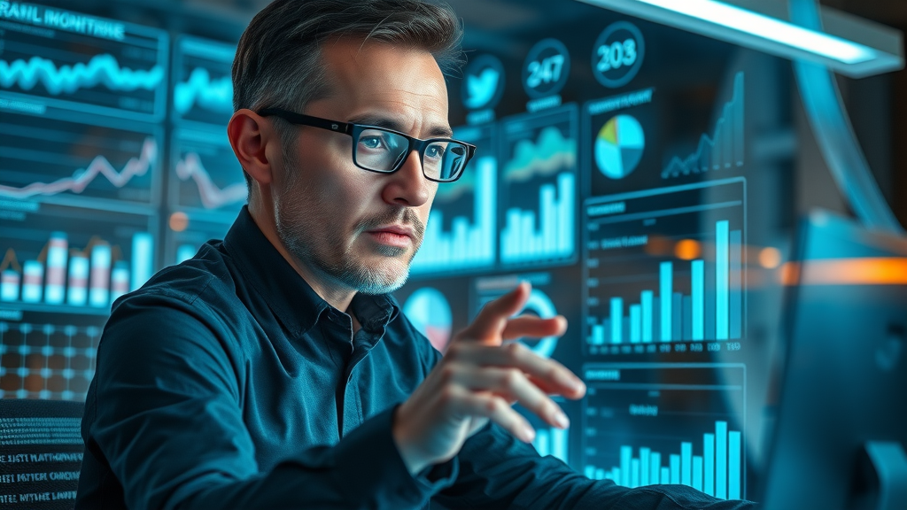 focused analytics expert analyzing review solicitation results via online review dashboards and digital data tools