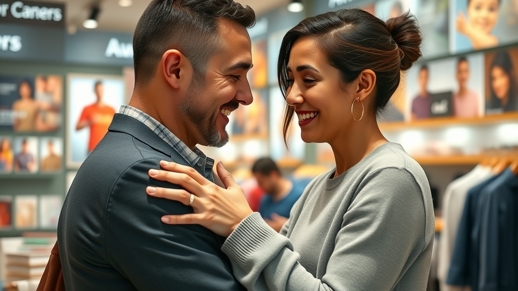 emotional connection in brand storytelling videos, customer-brand embrace in stylish retail with branded visuals