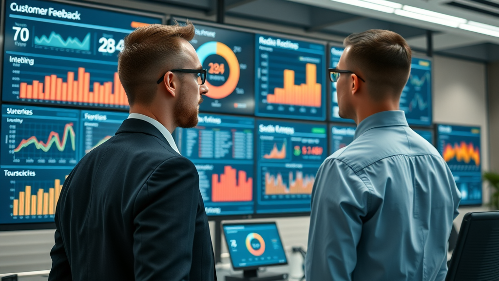 modern business dashboard displaying real-time customer feedback analytics in an office