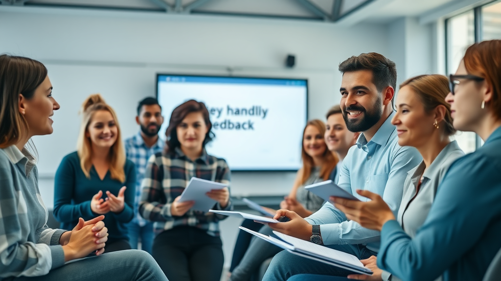 Workplace team in training on handling negative feedback