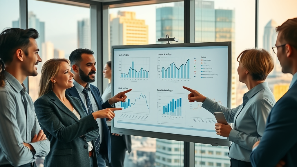 business team discussing social media analytics graphs on digital whiteboard