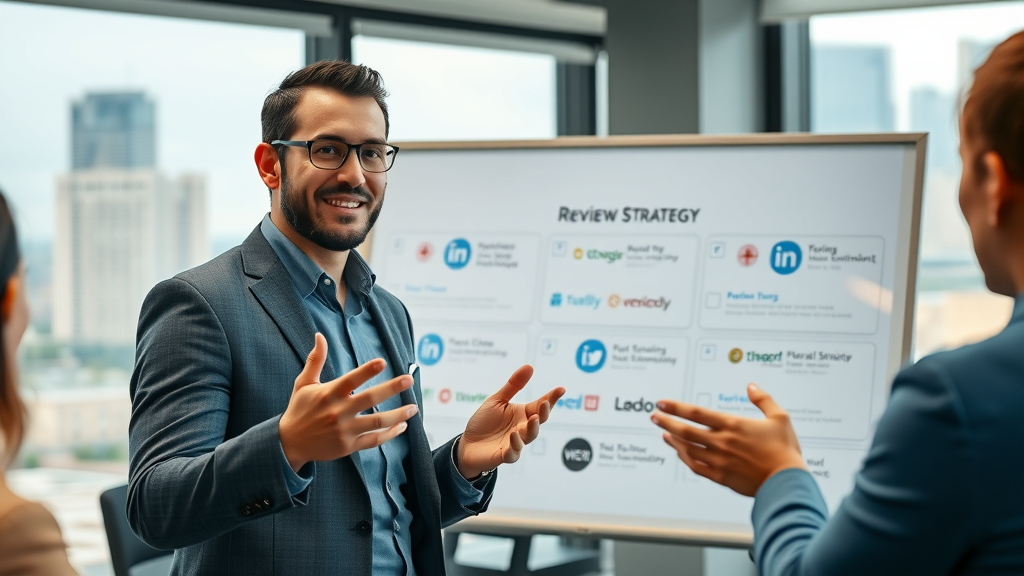 digital marketing expert presenting online review strategy, review site logos, reputation management, modern boardroom