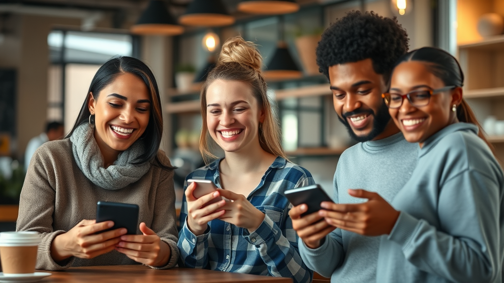 happy diverse customers participating in an online customer feedback survey in a coffee shop