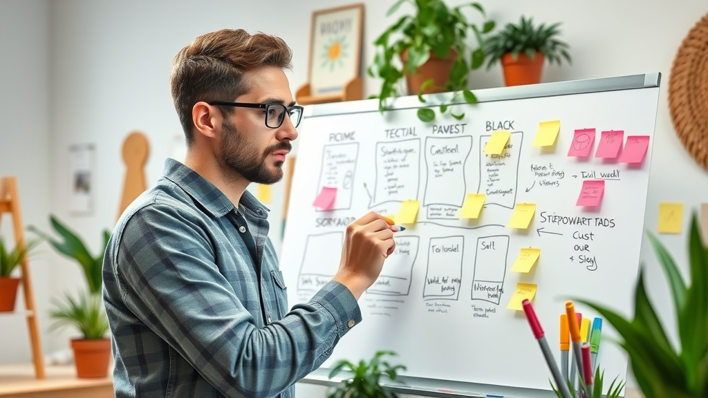 entrepreneur storyboarding DIY business video in a creative studio, colorful and organized
