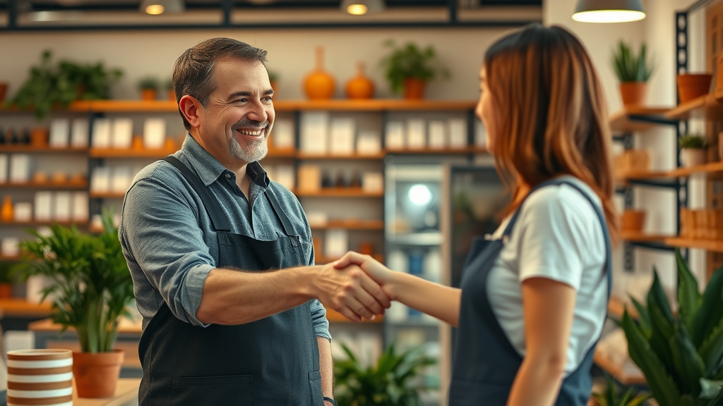 Happy customer engaging with staff in a positive review-inducing post-purchase interaction