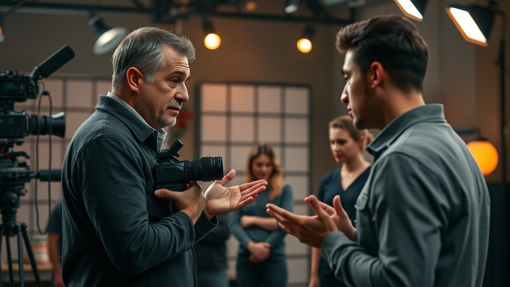 storytelling in engaging video content, filmmaker coaching actors, creative studio scene