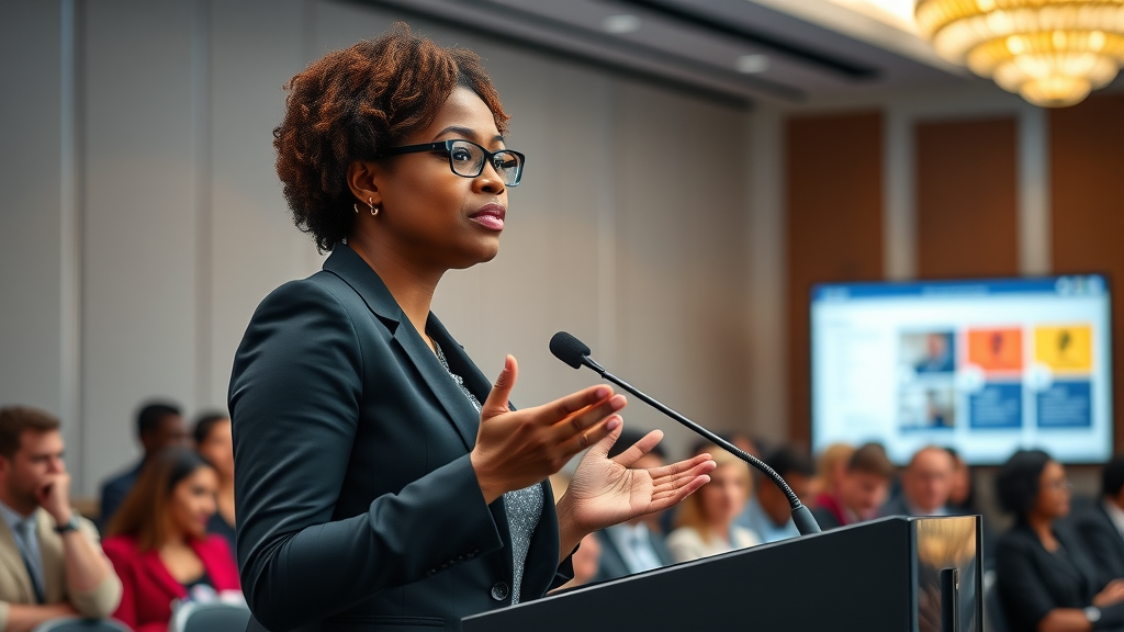 successful businesswoman sharing feedback success story at conference