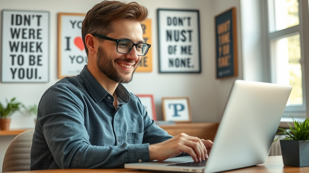 motivated entrepreneur checking online reviews on laptop, review management, satisfied expression, home office