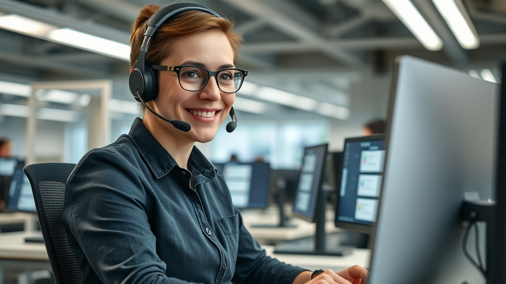 Professional customer support representative managing negative reviews professionally by answering an online review question on computer in a modern service center.