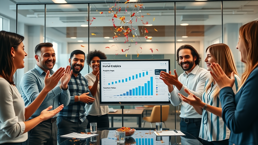 Team celebrating the viral success of a social media video campaign with analytics dashboard