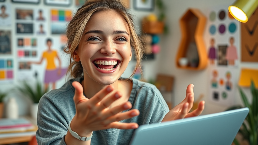 creative marketer designing social media content in colorful studio