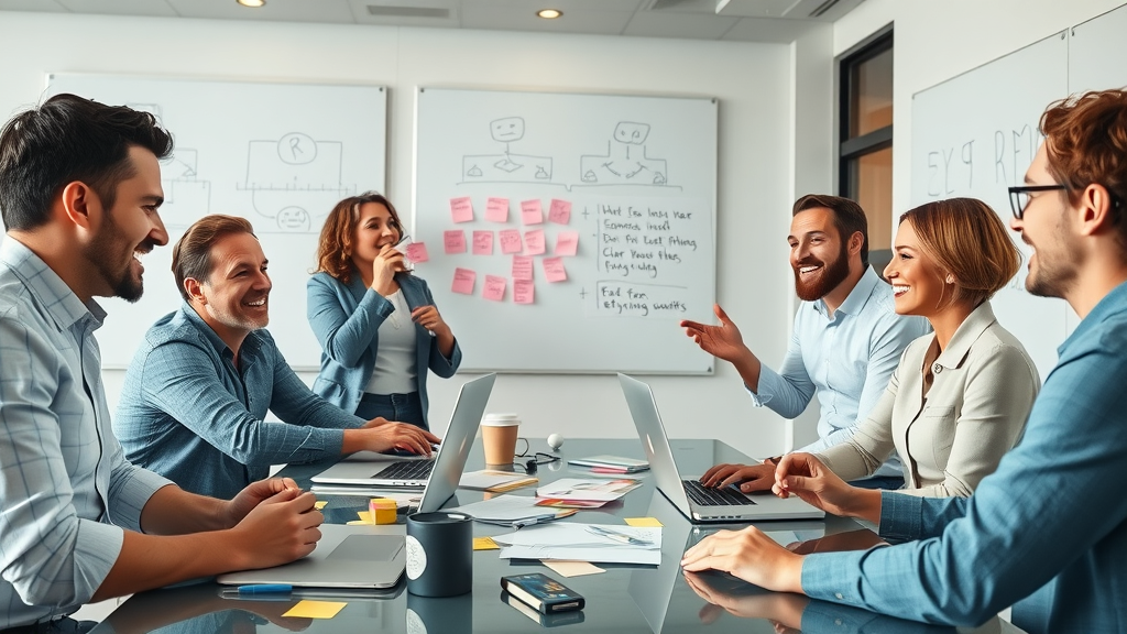 dynamic team brainstorming content ideas for small businesses in modern office environment, collaborating on social media and media post strategy