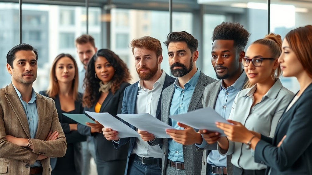 confident professionals responding to criticism professionally in modern office with cityscape view