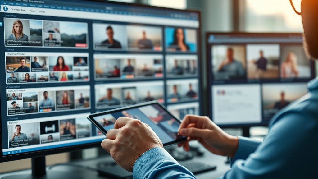 social media manager optimizing engaging video content across platforms, scheduling dashboard