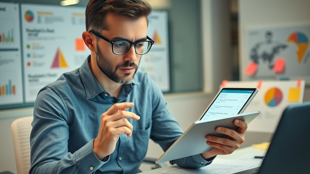 customer feedback - analyst reviewing online forms on tablet, modern office, immersive engagement