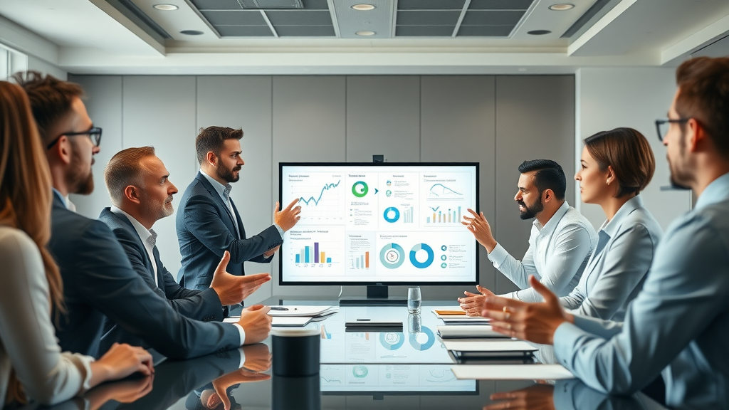 determined business leader presenting future-proof reputation management strategy to collaborative team in modern office