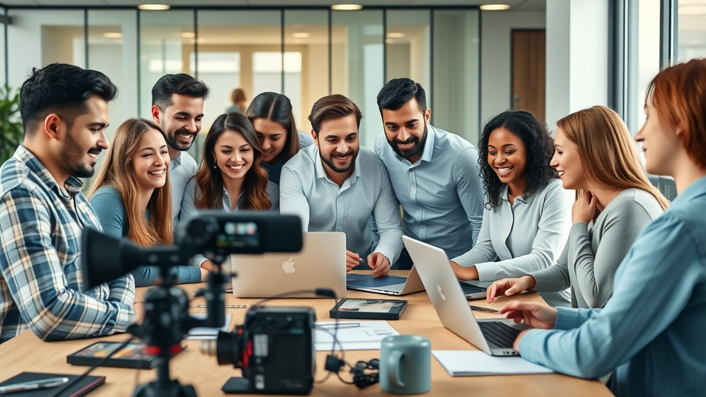 video marketing strategies diverse team brainstorming contemporary workspace collaborative video equipment