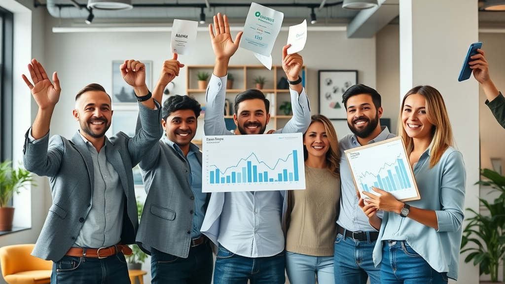 successful team celebrating engagement boosting techniques, growth charts, audience engagement