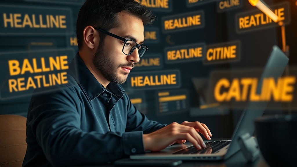 Professional copywriter inspired while typing on a laptop, surrounded by glowing headlines and CTA buttons, illustrating content creation tips for compelling writing.