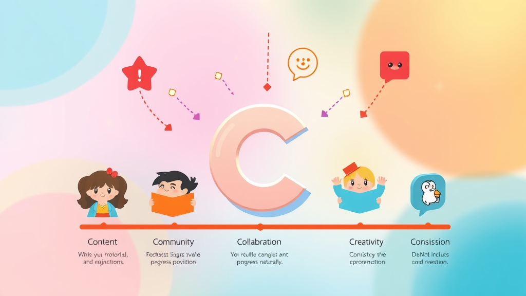 social media growth tips 7 cs infographic icons content community conversation collaboration creativity consistency conversion