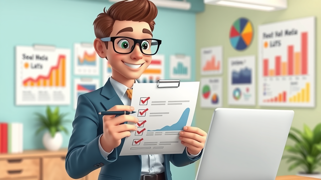 professional reviewing social media analytics implementation checklist in colorful office