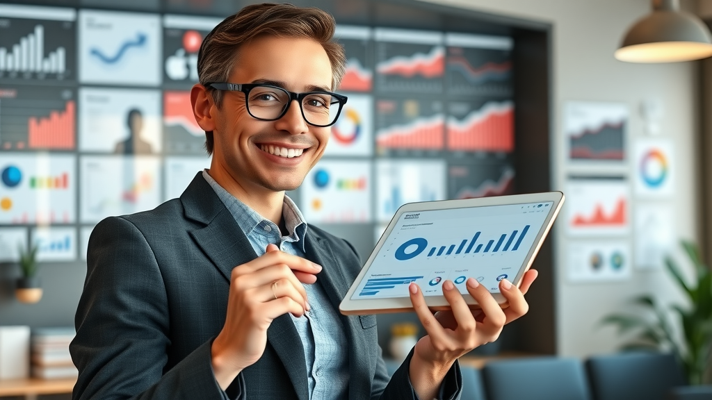 modern brand manager presenting social media analytics dashboard for marketing strategy success