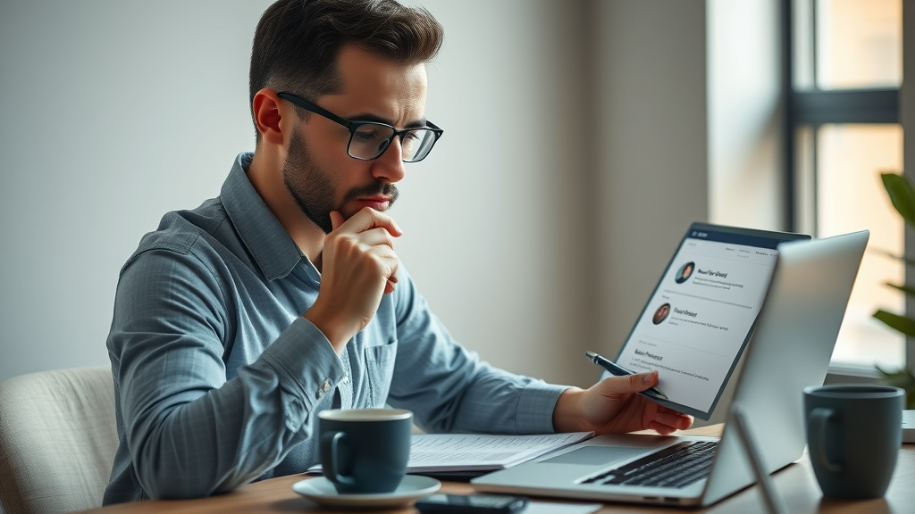 Professional reviewing a negative review and preparing a professional response to bad reviews at a minimalist desk setup