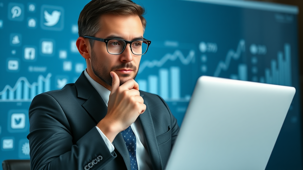 business professional presenting social media marketing data digital graphs