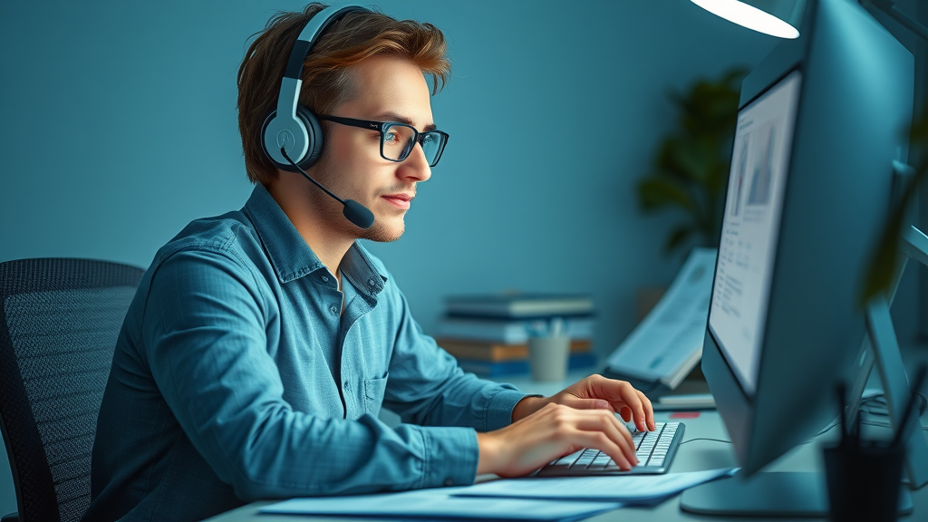 Customer service manager managing negative reviews professionally by typing an empathetic, courteous response to a negative review at a well-organized office desk.