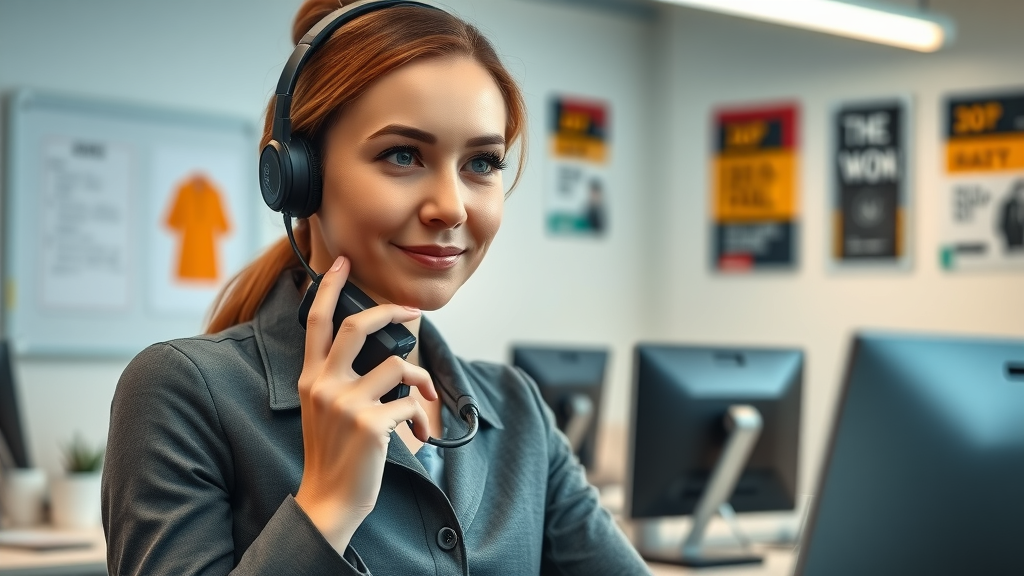 Attentive service agent, displaying empathy while listening thoughtfully to an unseen caller, holding a headset gently, Photorealistic High Fidelity Lifelike, call center background with motivational posters and personal workspace objects, highly detailed, focus on kind facial features and open body posture, clear color palette, soft office lighting, shot with an 85mm lens.